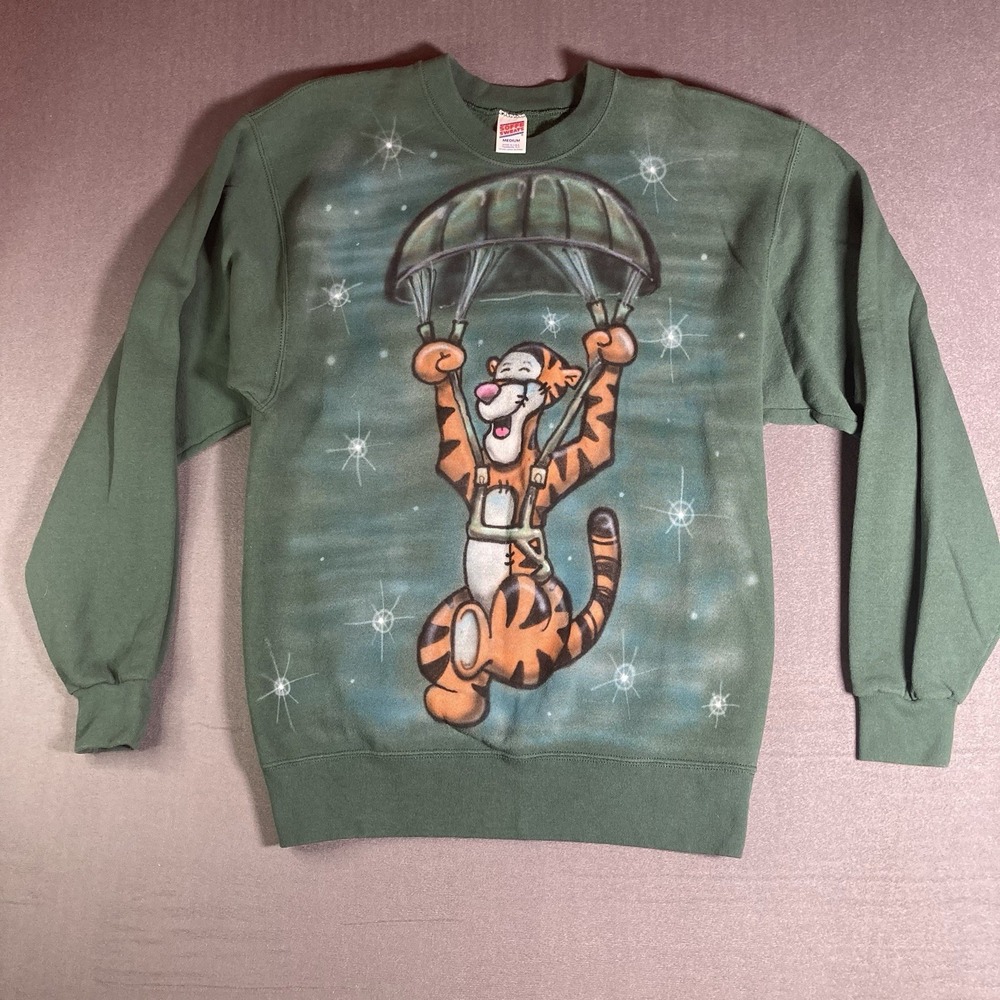 Vintage Disney Tigger Parachute Airbrush Crewneck Sweatshirt Green Medium Soffe